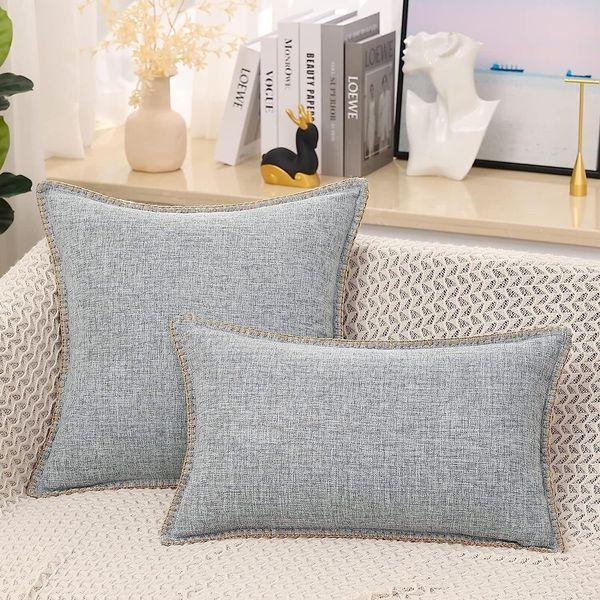 decorUhome Set of 2 Linen Cushion Covers 45X45cm,Decorative Outdoor Plain Vintage Cushion Covers with Stitched Edges, Square Farmhouse Neutral Pillow case 18x18 Inch for Sofa, Light Grey 4
