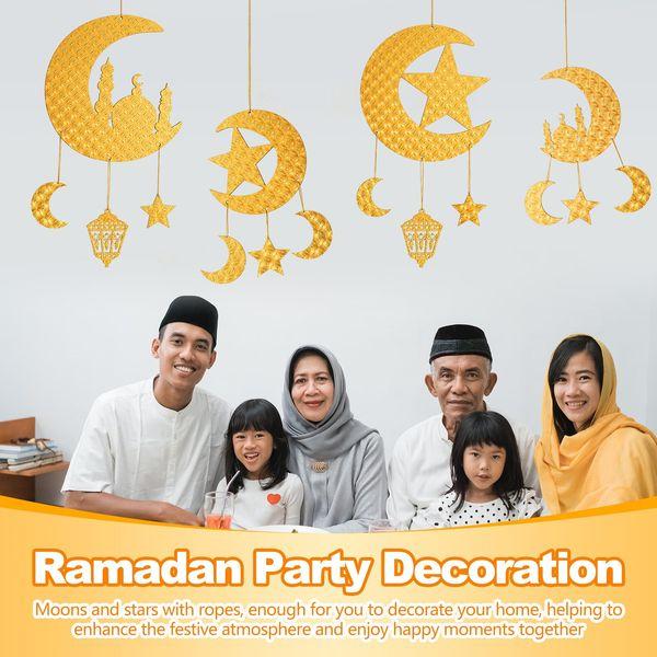 Gulfmew 4 Pcs Eid Hanging Decoration Ramadan Decorations Ramadan Ornaments Large and Small Golden Ramadan Pendant Decorations Muslim Iftar Crescent Islam Moon Star Wind Light Shape Pendant Ornament 4