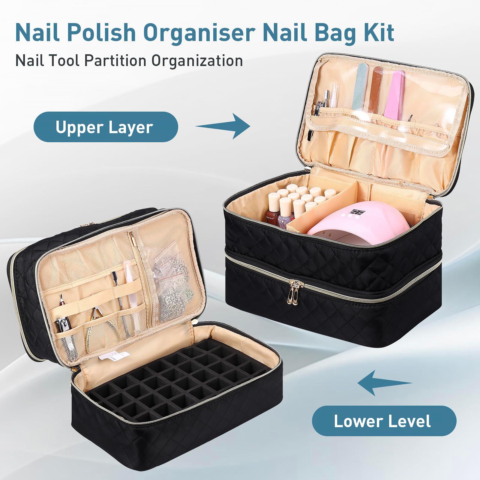 DARCKLE Nail Polish Organiser Bag Black - Nail Varnish Storage Case Holds 40 Bottles (15ml-0.5fl.oz), Double-Layer Cosmetic Makeup Bag for Travel 1