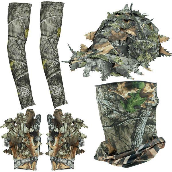 Tongcamo Hunting Face Mask Gaiter with Ghillie Hat, Camouflage Gloves Leafy, Arm Sleeves for Men Women Waterfowl Tree Camo Duck Turkey Hunting Blinds, 6 Pieces Hunting Accessories