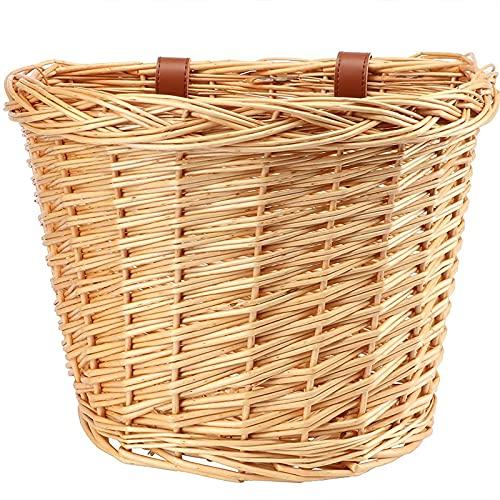 AVASTA Bike Wicker Basket,Front Handlebar Adult Storage Basket, Bicycle Accessories，Waterproof with Leather Straps，Honey Yellow,Size L 1