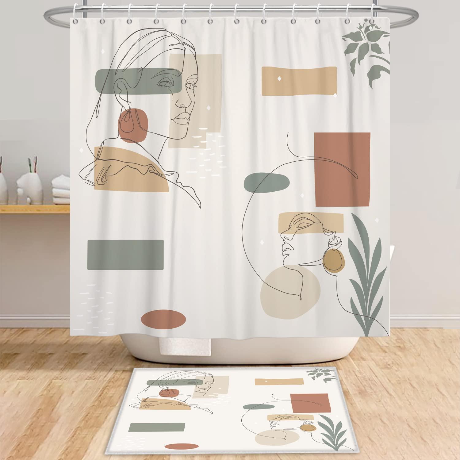 Bovlleetd Abstract Shower Curtain Boho Bath Curtain Medieval Art Shower Curtains Line Beauty Woman Face Bathroom Decorative Curtain Plant Waterproof Bathtub Curtain 71x71inch 2