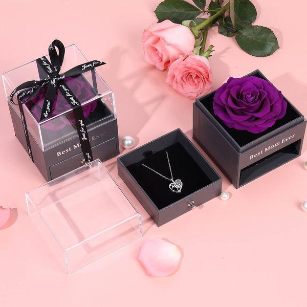 Faneeyo Mothers Day Rose Gifts for Mum,Preserved Real Rose with I Love You Necklace 100 Languages,Mum Gifts from Daughter Son, Birthday Gift for Mum,Purple 3