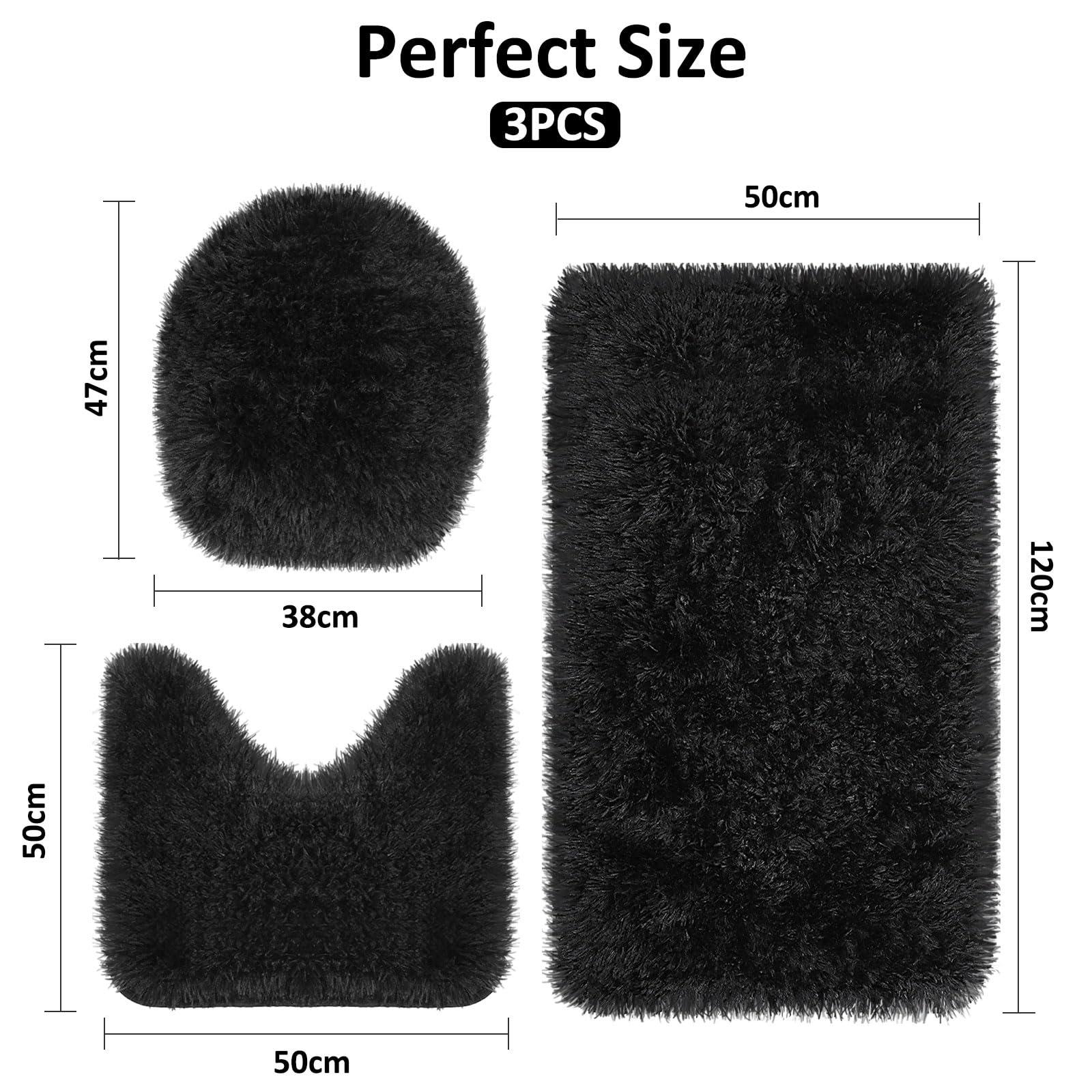 McEu Bathroom Mats Sets 3 Piece, Non Slip Washable Faux Fur Large Bath Mats and U Shaped Toilet Mat Set with Toilet Lid Cover, Soft Microfiber Long Pile Water Absorbent Bath Rugs for Bathroom Black 1