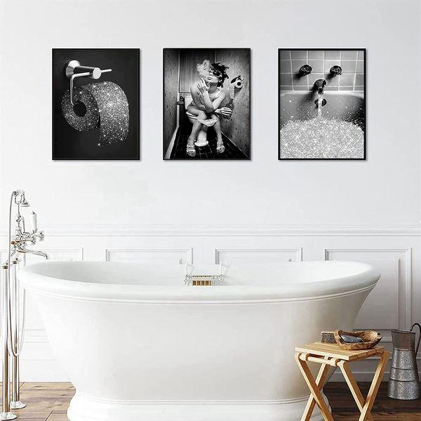 HMDKHI Animal Black White Wall Art Prints, Canvas Bathroom Pictures Set Funny Elephant Zebra Penguin Giraffe Animal In The Bathtub Pictures… (Lady Fashion, 20X30cm*4pcs) 2