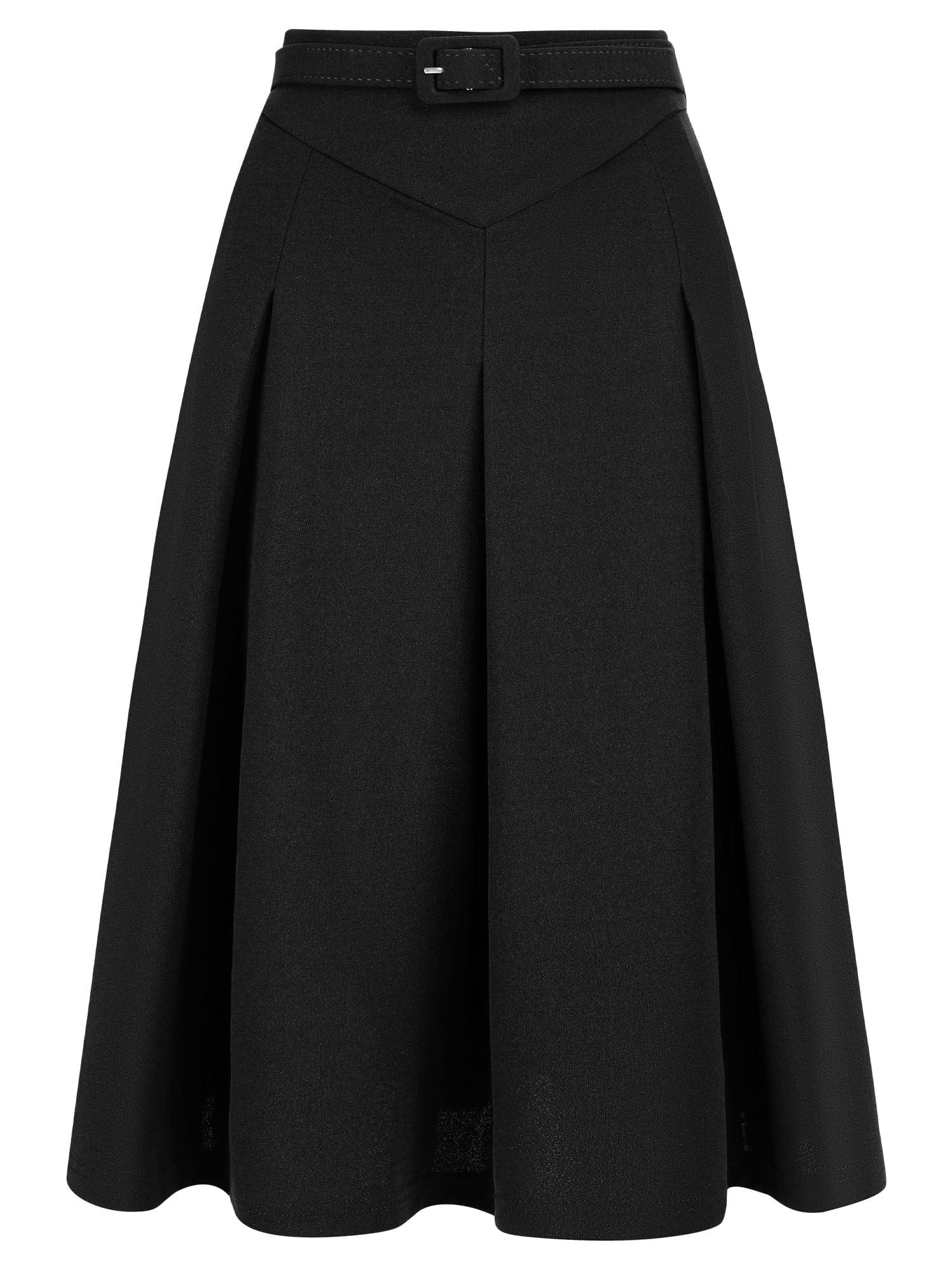 Allegra K Women's A-Line Belted Waist Casual Midi Flare Pleated Skirt Black XL 0