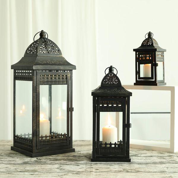 JHY DESIGN Candle Holders Set of 3 Decorative Candle Lanterns 51&37 &24 cm High Vintage Style Hanging Lantern Metal Candleholder for Indoor Outdoor Events Parities and Weddings(Black with Gold Brush) 3