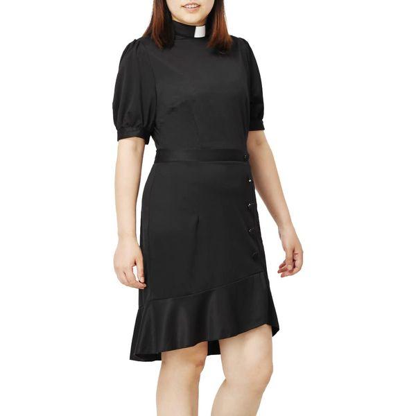 COSDREAMER Christian Catholic Church Womens Clergy Tab Collar Dress Ruffle Hem Bodycon Dress，L Black 4