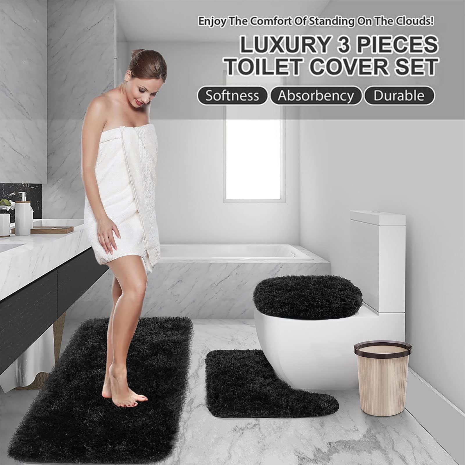 McEu Bathroom Mats Sets 3 Piece, Non Slip Washable Faux Fur Large Bath Mats and U Shaped Toilet Mat Set with Toilet Lid Cover, Soft Microfiber Long Pile Water Absorbent Bath Rugs for Bathroom Black 2