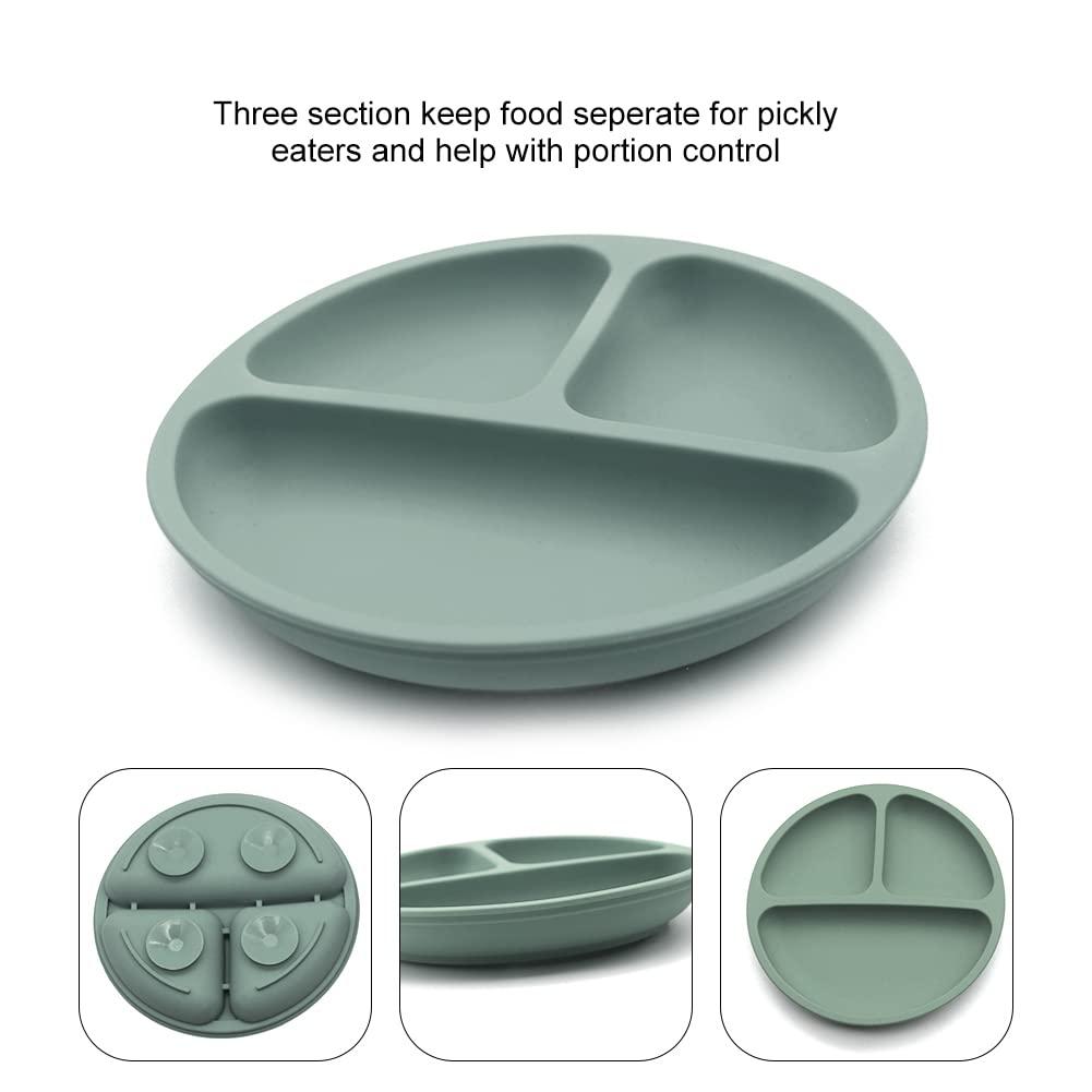 ANTUREBAY Silicone Children's Crockery Sets, 5 Pieces Non-Slip Crockery Sets with Suction Cup, Baby Plate, Spoon Fork Bowl Bib BPA-Free Dishwasher and Microwave Safe (Grey) 3