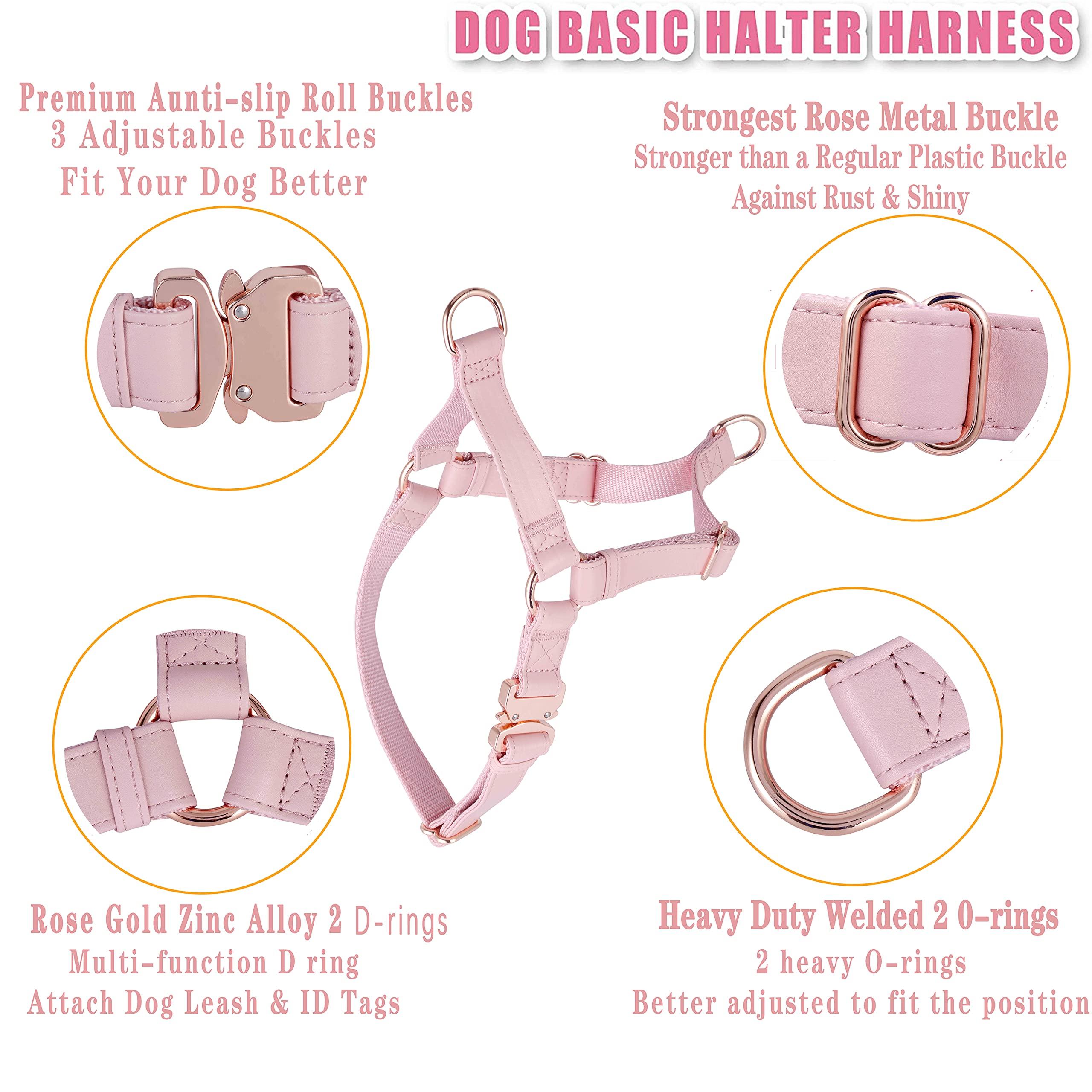 Soft Leather Nylon No Pull Dog Harness with Rose Gold Metal Buckle，Adjustable Neck and Chest and Easy to Clean，for Small Medium Large Dog and Outdoor Walking Training(Pink, XL(chest29"-44")) 1