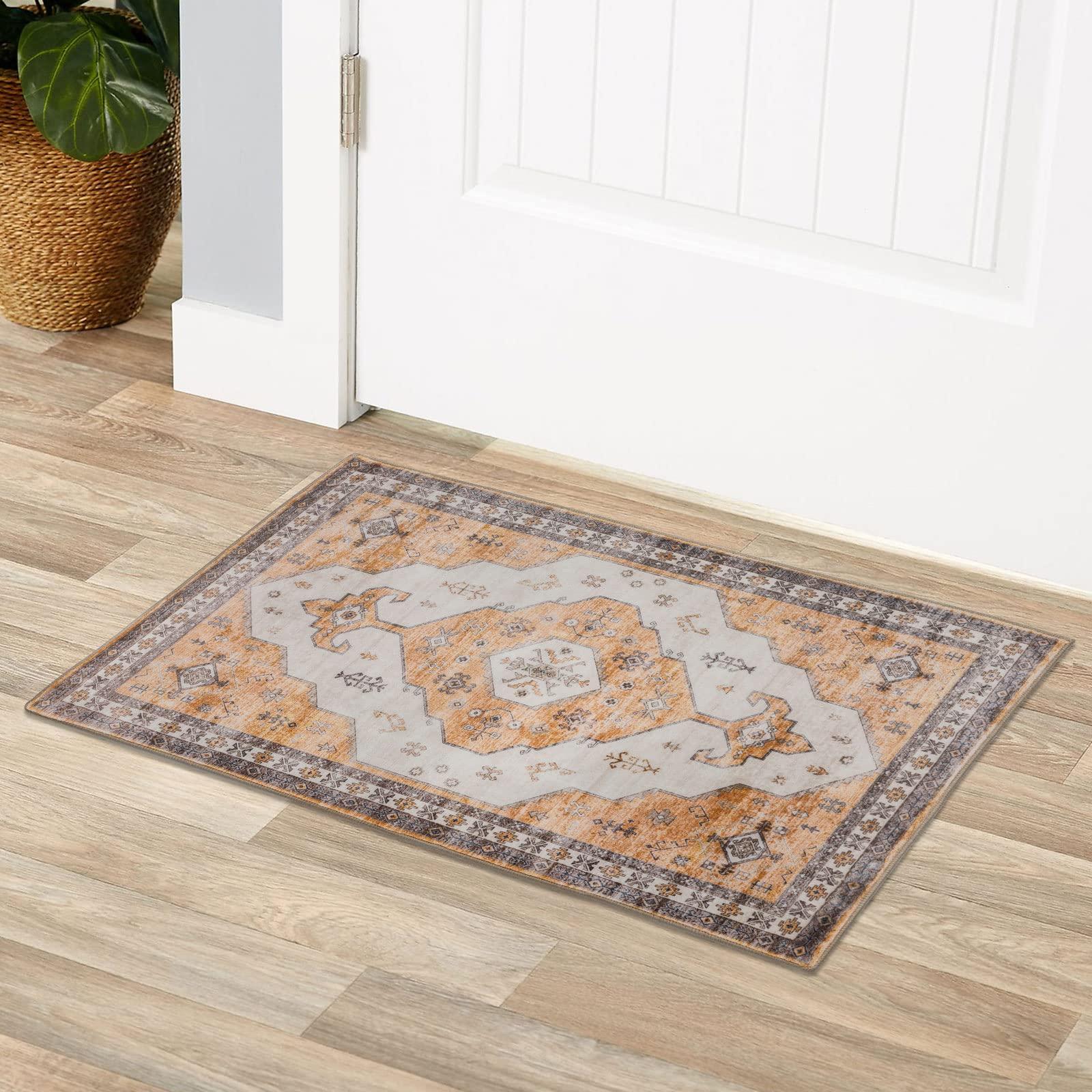 Taleta Emily Washable Doormat Small Vintage Rug Hallway Rug Runner Thin Door Mat Inside Non-slip Rug for Entrance Hallway Kitchen Bedroom (Orange, 80 x 150 cm) 1