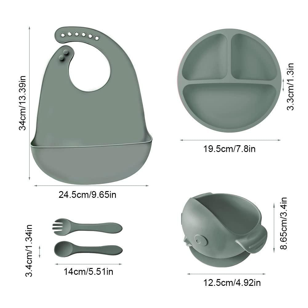 ANTUREBAY Silicone Children's Crockery Sets, 5 Pieces Non-Slip Crockery Sets with Suction Cup, Baby Plate, Spoon Fork Bowl Bib BPA-Free Dishwasher and Microwave Safe (Grey) 1