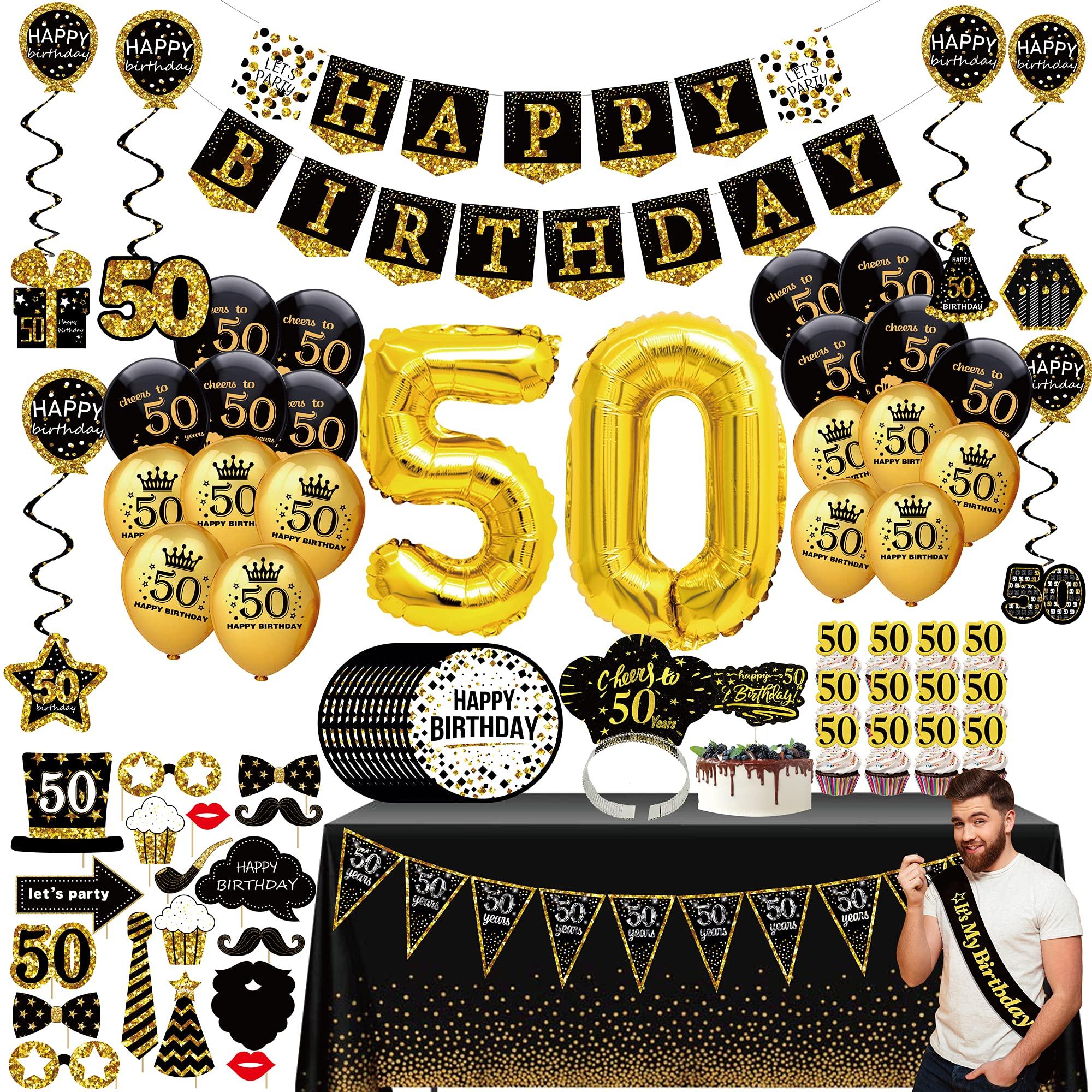 50th Birthday Decorations for Men Women，Cheers to 50 Years Black Gold Glitter Banner for Women, 6 Paper Poms, 6 Hanging Swirl, 7 Decorations Stickers. 50 Years Old Party Supplies,21pack 0