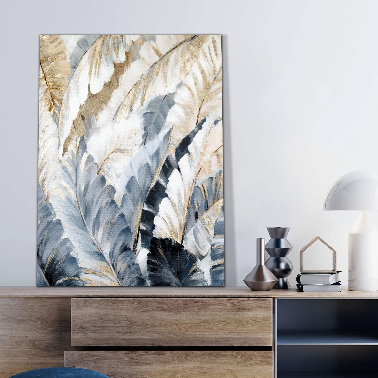 FajerminArt Framed Canvas Prints Abstract Feather Canvas Wall Art for Living Room White Gold Grey Feathers Paintings Picture Bedroom Home Decorations Wall Decor Ready To Hang 20" x 28"（50x70cm） 2