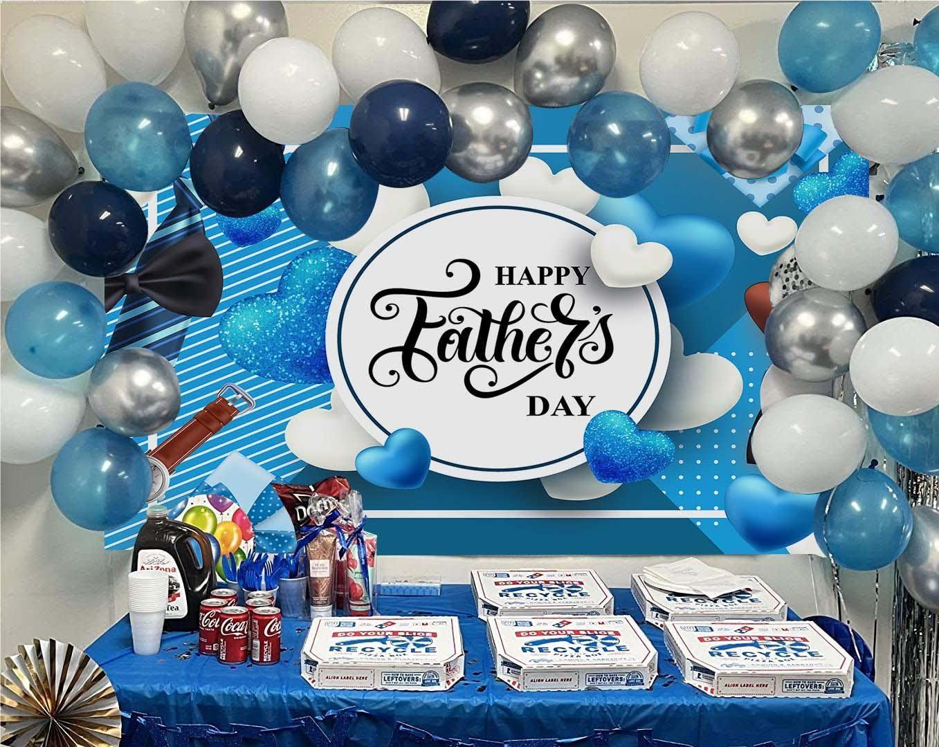 Happy Father's Day Backdrop Blue White Heart Stripe Tie Father's Day Party Background I Love Dad Thank You Daddy Man Festival Family Photography Decoration Supplies 7x5FT 3