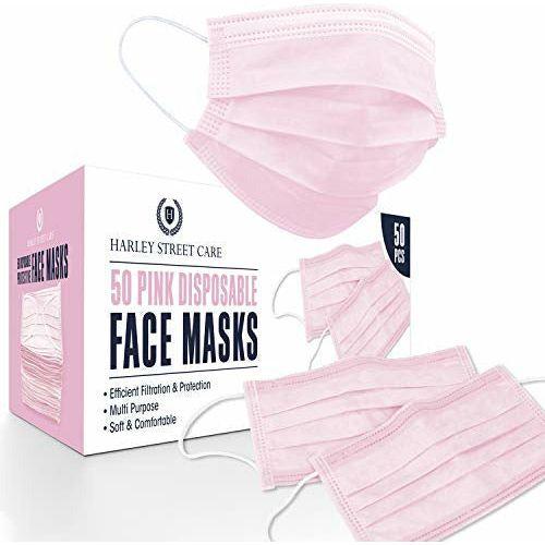 Harley Street Care Disposable Pink Face Masks Protective 3 Ply Breathable Triple Layer Mouth Cover with Elastic Earloops (Pack of 50) 2