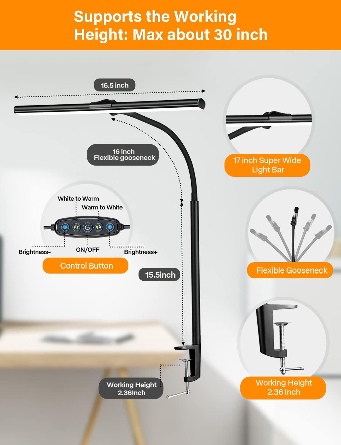 Kangtaixin LED Desk Lamp with Clamp - Eye Care Office Dimmable Table Light 5 Brightness Levels & 5 Color Modes Adjustable USB Study Lamps for Reading,Craft,Work 3