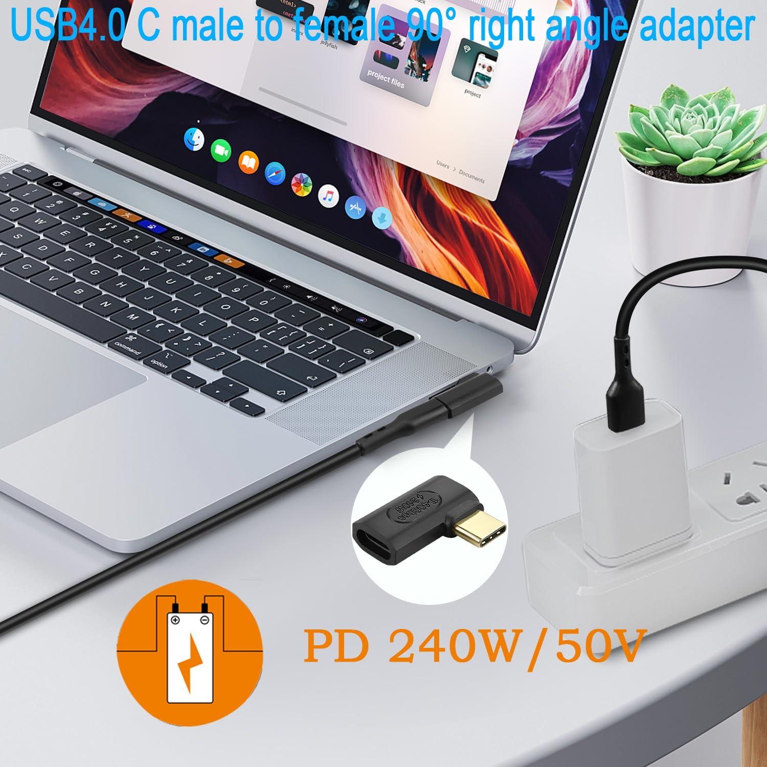 QIANRENON 240W USB4.0 C 90° Angle Adapter 40Gbps USB C 4.0 Male to Female L Shaped Angled Connector PD240W/50V Charging,8K Audio/Video Transfer,for Laptop Tablet Smartphone Steam Deck, 2Pcs(Side Bend) 1