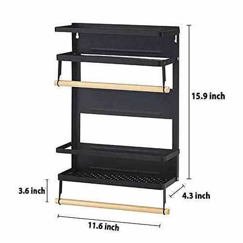 Magnetic Fridge Organizer, Magnetic Spice Rack with Paper Towel Holder and 5 Mobile Hooks, 4-Tier Magnetic Refrigerator Shelf in Kitchen Holds up to 45 LBS, 16x12x4 Inch Black 2