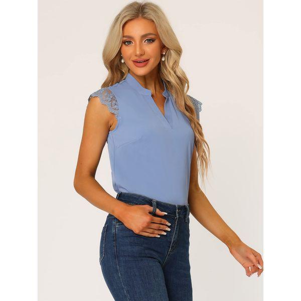 Allegra K Women's Work Office V Neck Sleeveless Basic Blouse Top Gray Blue M 1