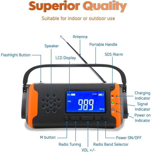 TKOOFN Hand Crank Emergency Radio FM AM, Portable Solar Generation Multifunction Outdoor LCD Display Novelty Radio USB Charge with 4000mAh as Power Bank/AUX Music Play/LED Torch/SOS Alarm 1
