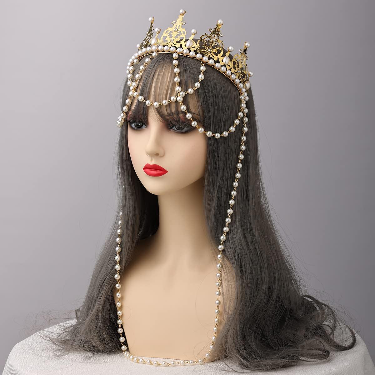 COSDREAMER Women Wedding Crown Tiara Baroque Queen Bead Chain Crown (Gold) (large, Plastic) 1