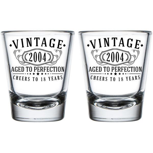 2pk Vintage 2004 Printed 2oz Shot Glasses - 18th Birthday Aged to Perfection - 18 Years Old Gifts 0