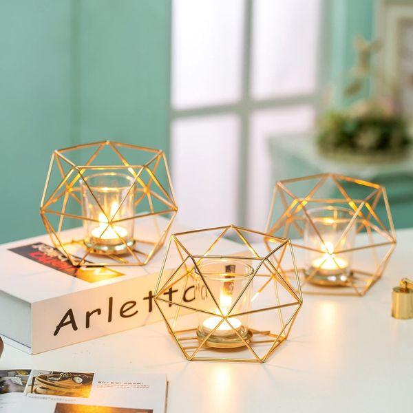 Romadedi Candle Holders Gold Geometric Decor - Tealight Holder for Tea Lights Decorative Candle Stand Accents for Home Table Shelf Mantel Modern Geo Decoration, Wedding Reception Décor, Gold, 6pcs 1
