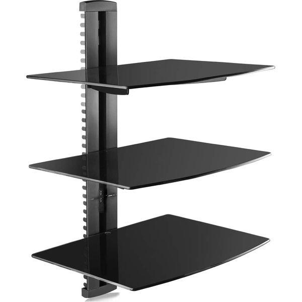 Suptek 3 Floating Shelf Wall Bracket with Strengthened Tempered Glass for DVD Players/Cable Boxes/Games Consoles/TV Accessories, 3 Shelves, Black, CS303 0