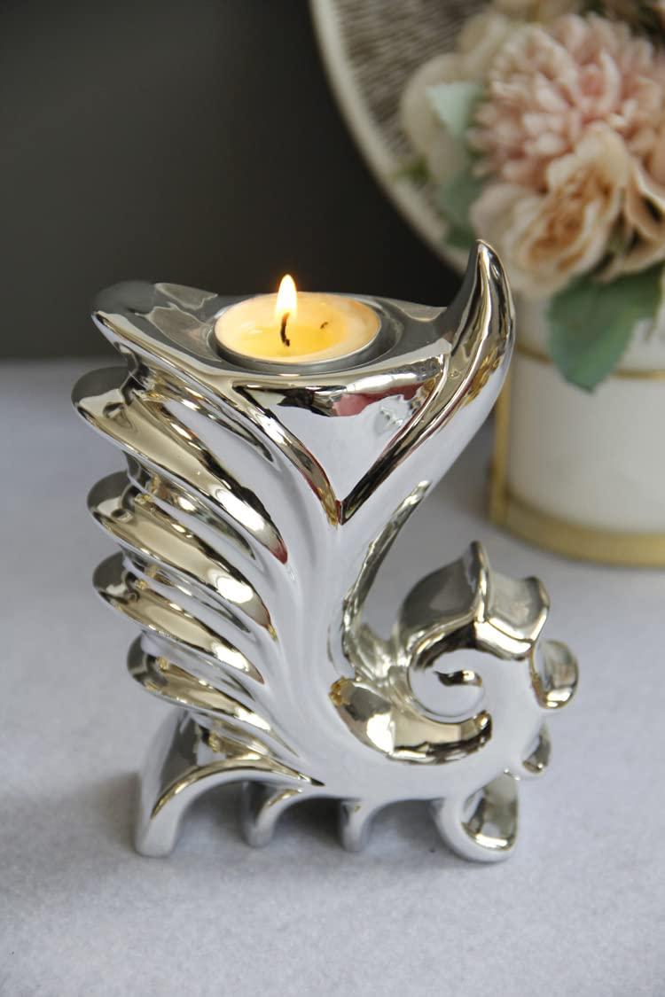 Hosoncovy Ceramic Candle Holder Decorative Tealight Candle Holder Tea Light Candle Tray Tealight Candle Stand for Home Ornament Room Decoration (Silver) 1