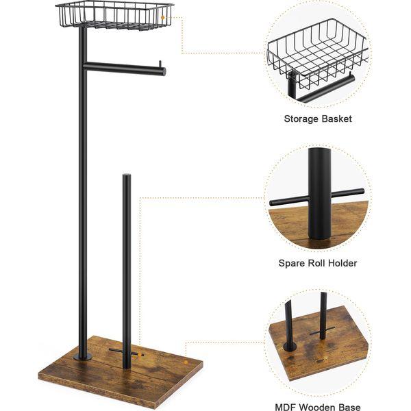 UOMIO Freestanding Toilet Roll Holder with Storage Bathroom Rustic Toilet Roll Stand Spare Paper Stand with Basket Metal Tube and Wooden Pedestal Toilet Waterproof Paper Rack Black 4