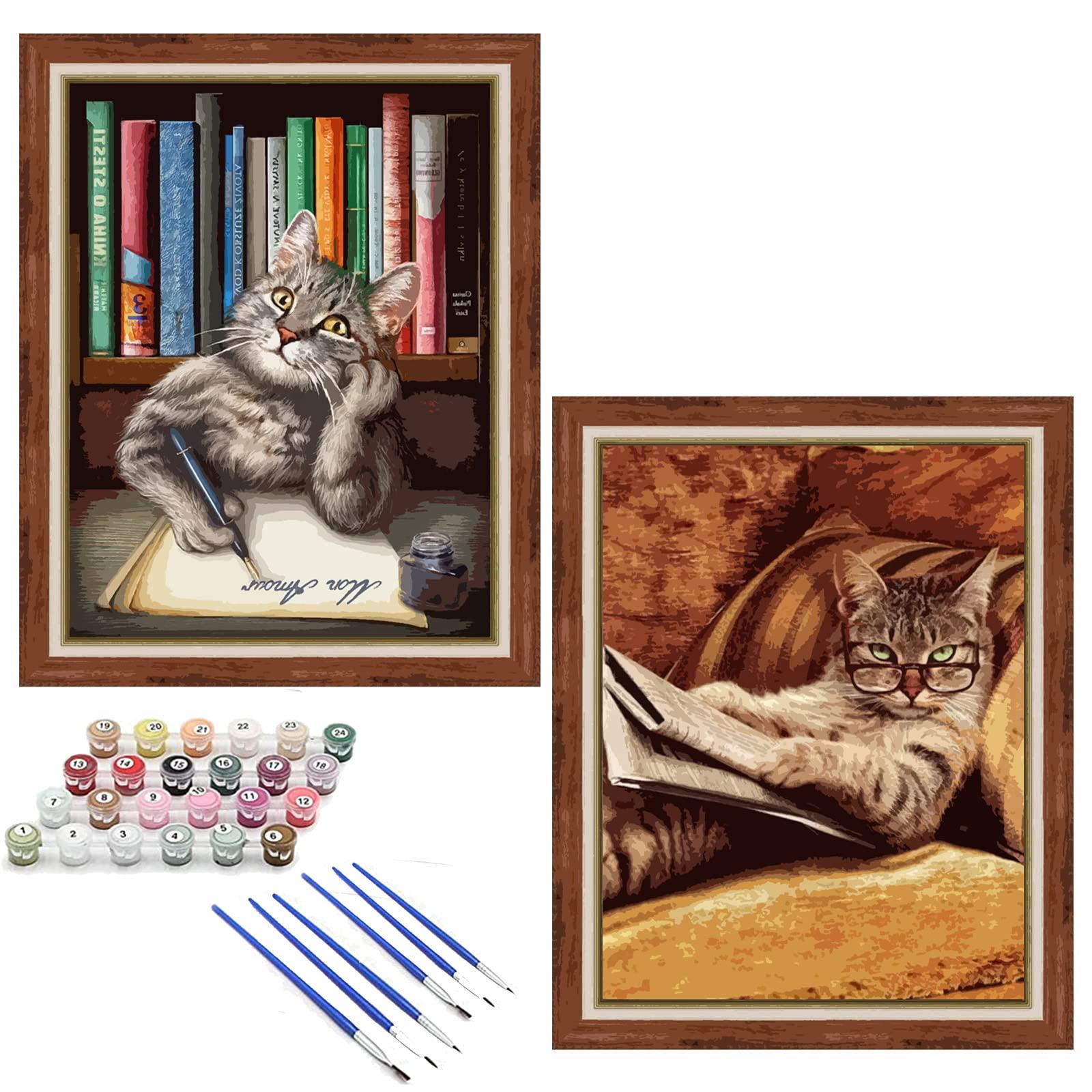 Paint by Numbers for Adults DIY Cat is Reading and Writing 2 pcs 16x20 inch Easy Canvas Oil Painting Kits with Brushes and Acrylic Pigment Interesting Animals Paintings Home Wall Decor (Frameless) 1