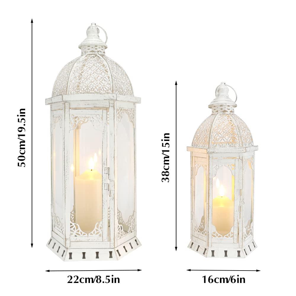 NEWIMAGE Set of 2 Decorative Candle Lantern 50cm & 38cm High Outdoor Candle Lanterns Vintage Metal Candle Holder for Garden Living Room Indoor Outdoor Parties Weddings Patio Home Decor (White) 2