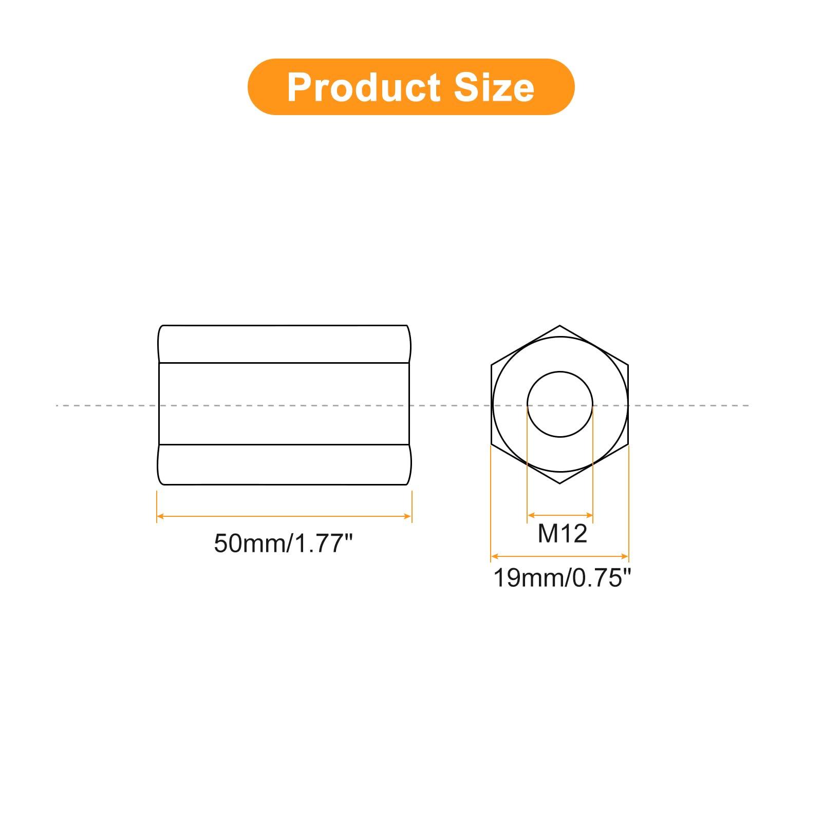 sourcing map M12 x 1.75-Pitch 50mm Length Coupling Nuts, 5pcs 304 Stainless Steel Metric Hex Rod Coupling Nuts 1