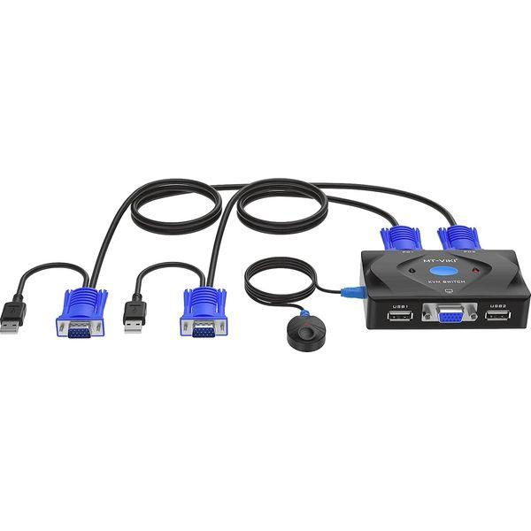 KVM Switch VGA 2 Port, MT-VIKI KVM Switcher VGA Console with 3 USB Hubs + 2in1 Cables+Desktop Selector 3
