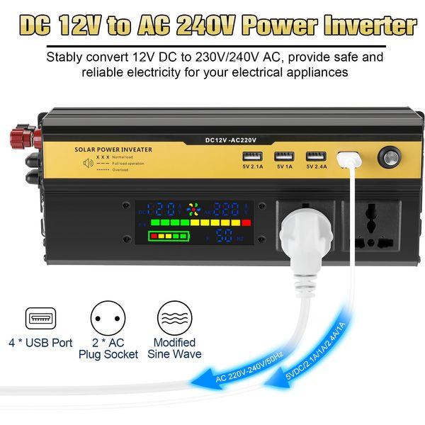 Seamuing 2200W Power Inverter DC 12V to AC 240V Vehicle Inverters 2 AC Plug Sockets & 4 USB Ports 5V/2.4A Car Converter with Alligator Clip, Cigarette Lighter for Travel Camping RV Power Supply 1