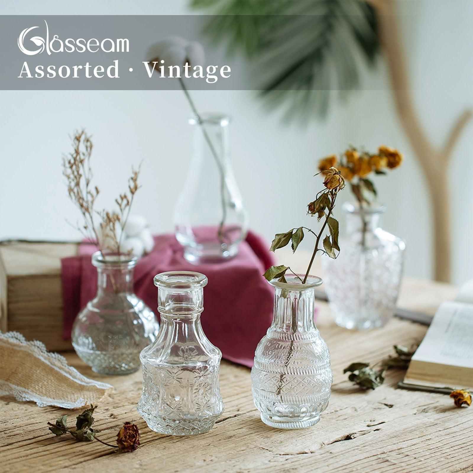 Glasseam Small Glass Flower Vase Vintage: Mini Bud Sweet Pea Vases Set of 5 Crystal Clear Rustic for Living Room Dining Table Wedding Centrepiece Indoor Bedroom Decoration 2