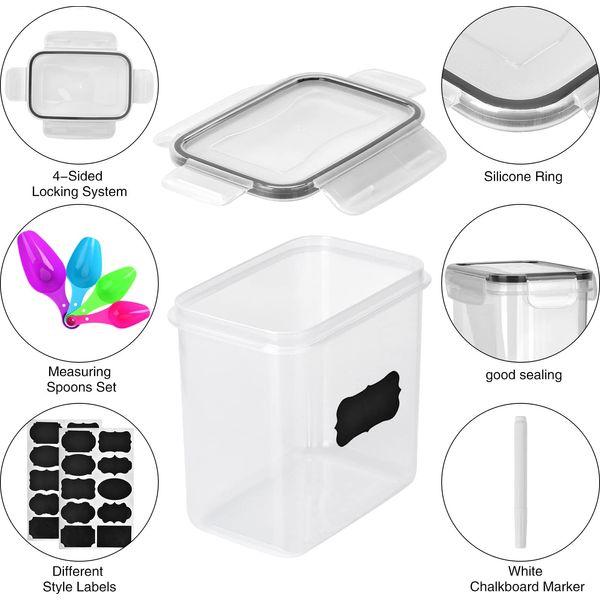15Pcs Cereal Storage Containers Set Plastic Airtight Food Storage Container Kitchen Storage Containers with Lids,Reusable Labels,Marker,Spoon Ideal for Flour Cereal Spaghetti Pasta 2.8L 2L 1.4L 0.8L 3