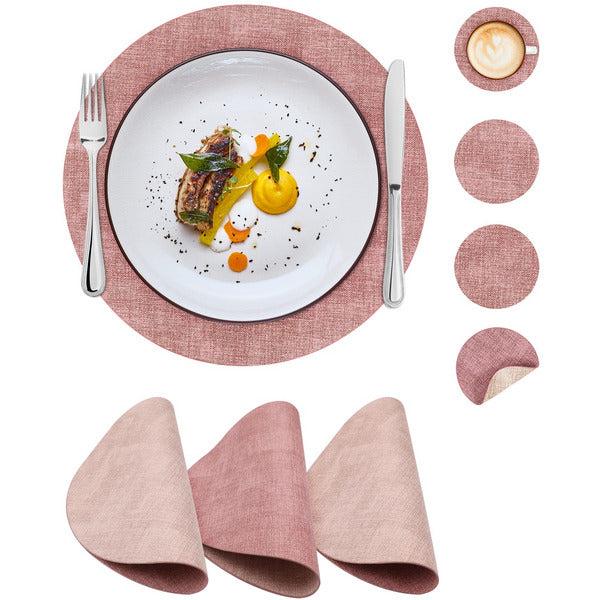 SUEH DESIGN Round Faux Leather Placemats Reversible Set of 4 with Coasters, Heatresistant Tablemats Wipeable Placemats Round Table Mats for Kitchen Dinning Decor, Waterproof, Non-slip, Leak-Proof