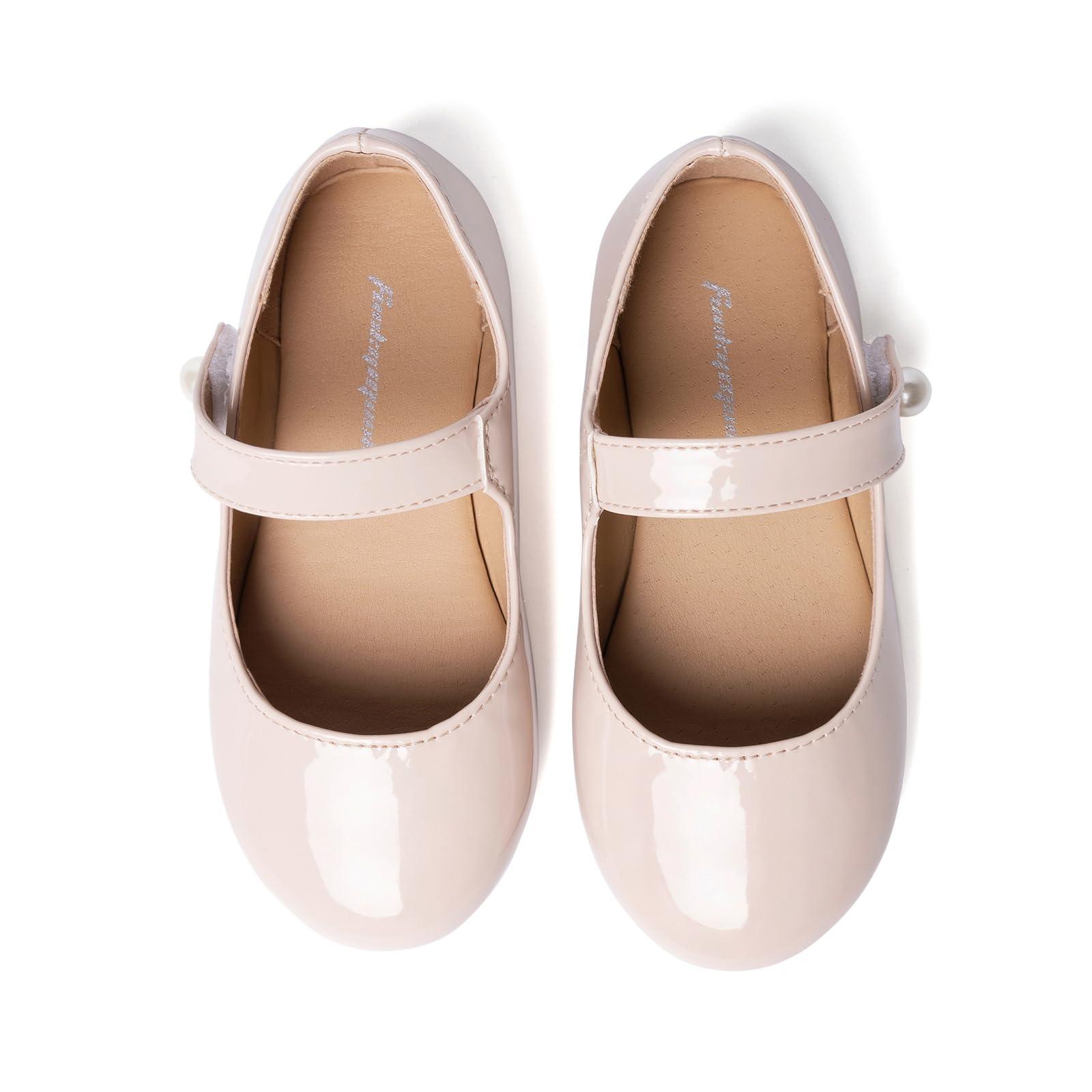 HEVA Classic Mary Jane Shoes for Girls Hook and Loop Wedding Dress Flats School Shoes(10.5UK 29EU,Nude) 3