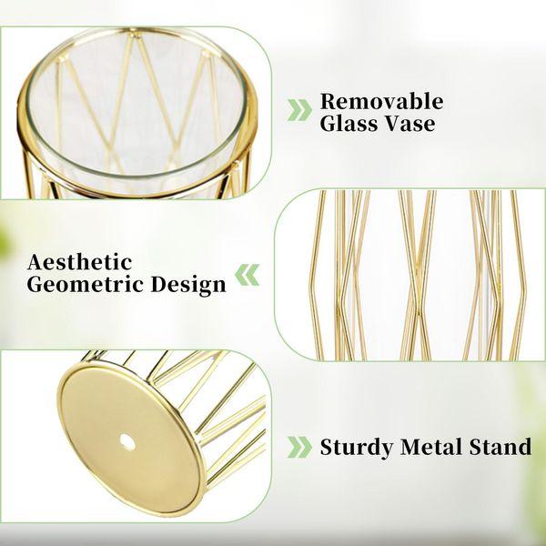 Glass Vase for Flowers Gold, Modern Small Vases for Pampas Grass with Geometric Metal Rack for Artificial Flowers Living Room Dining Table Decoration Wedding Centrepiece Ornaments, 21.5cm Height 3