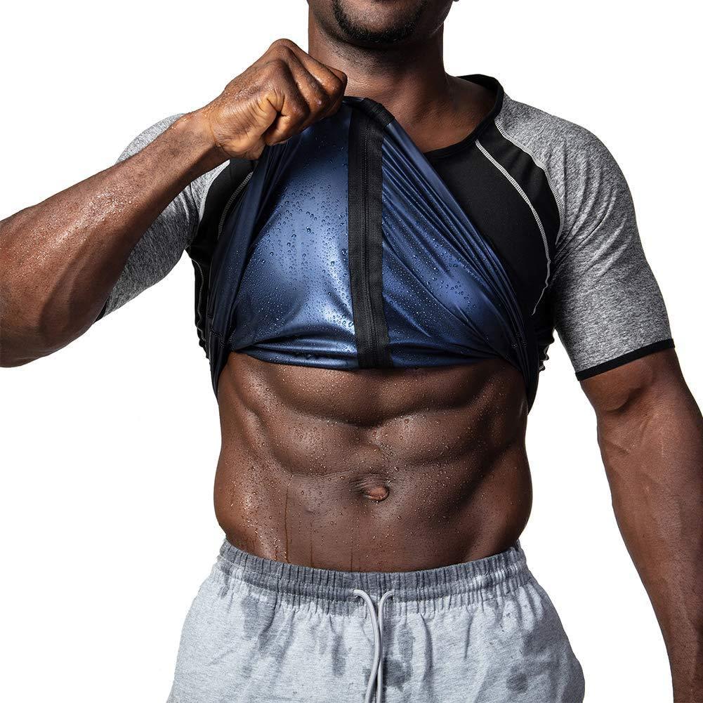 Mens Sweat Sauna Shirt Workout Training Body Shaper Waist Trainer Zipper Vest for Weight Loss