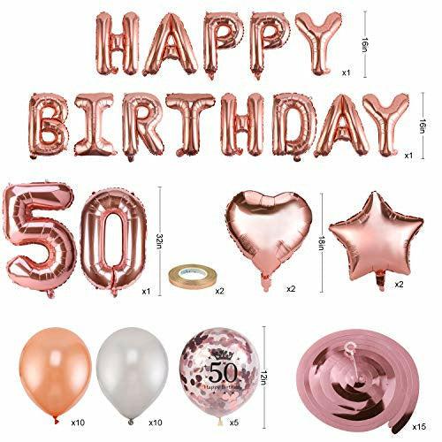 HOWAF Rose Gold 50th Birthday Decorations for Women Birthday Party Supplies 59 Pack with Happy Birthday Banner Hanging Swirl Confetti Latex Balloons Star Heart Foil Balloons 1