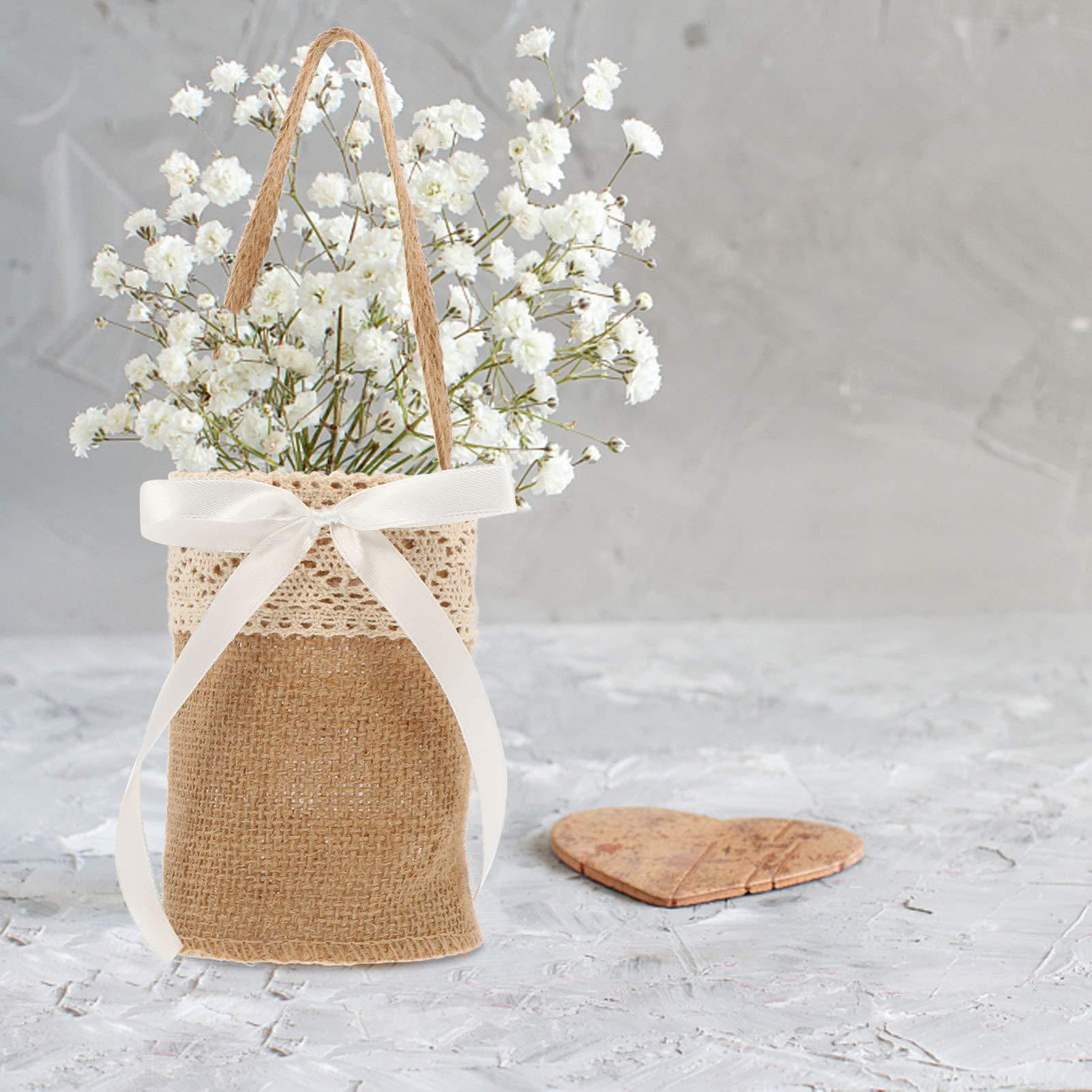 Amosfun 2Pcs Burlap Wedding Baskets Linen Flower Girl Basket Hanging Flower Bucket Bag Rustic Party Photo Props for Christmas Farmhouse 2