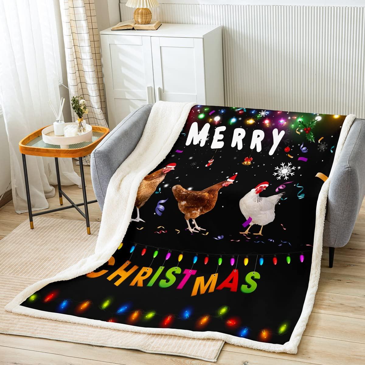 Homewish Merry Christmas Blanket Xmas Throw Blanket for Bed Chicken Print Fleece Blanket Rainbow Neon Sherpa Blanket White Snowflake Decorations Plush Blanket Kids New Year Gifts, Black 1