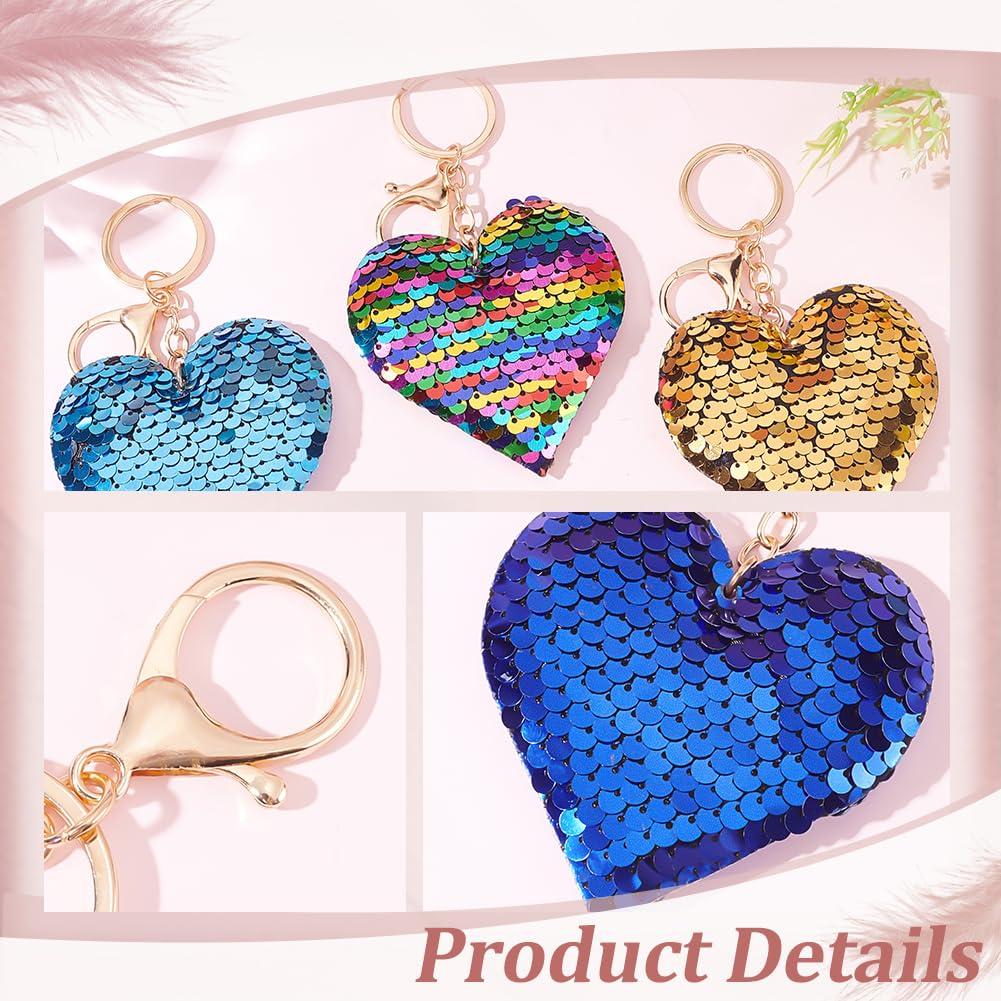 WADORN 6 Pieces Sequin Love Heart Keychain, Assorted Color Sparkly Bing Keychains Car Key Ring Holder Women Backpack Handbag Charms Phone Purse Decoration Pendent Accessories Valentines Gift, 13cm 3