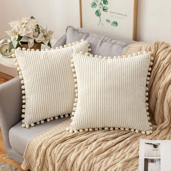 MIULEE Striped Corduroy Fabric Cushion Covers with Pom-poms Solid Cushion Cover Pure Color Pillow Cover Sham Home for Sofa Chair Couch/Bedroom Decorative Pillowcases 20"x20" 2 Pieces Cream 0