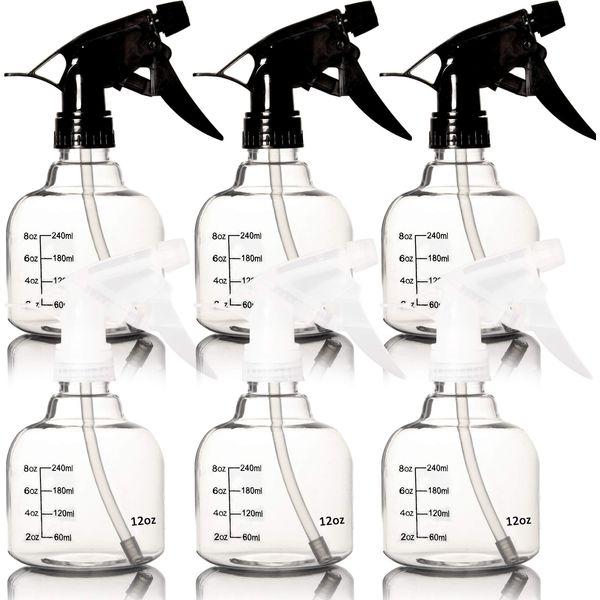 Youngever 6 Pack 350ML Empty Plastic Spray Bottles, Spray Bottles for Hair and Cleaning Solutions, 3 Clear and 3 Black Colors (12 Ounce)