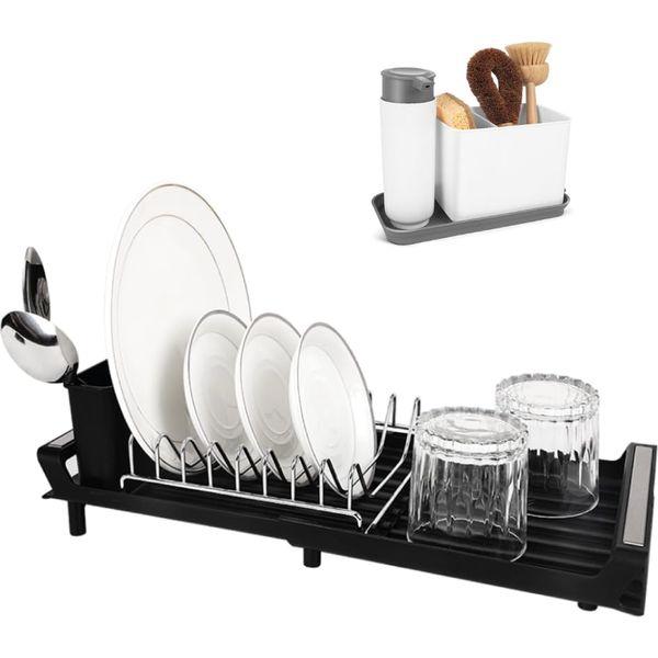 Bvcari Dish Drying Rack Extendable Dish Drainer Ideal for Small Kitchens Compact Dish Rack Includes Bonus Sink Caddy with Liquid Dispenser. 47cm by 19.8cm 0